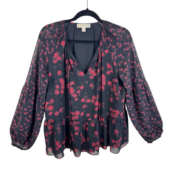 Michael Kors Black Red Rose Print Lined Lightweight Long Sleeve Chiffon Blouse L - Picture 2 of 10